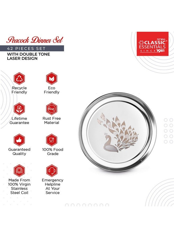 Classic Essentials Stainless Steel Dinner Set|Serves 4 People|Heavy Gauge|Kitchen Set|Permanent Laser-Peacock, Set of 42 - Image 3