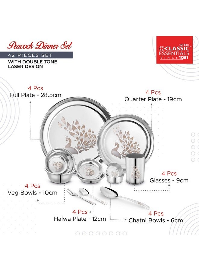 Classic Essentials Stainless Steel Dinner Set|Serves 4 People|Heavy Gauge|Kitchen Set|Permanent Laser-Peacock, Set of 42 - Image 4