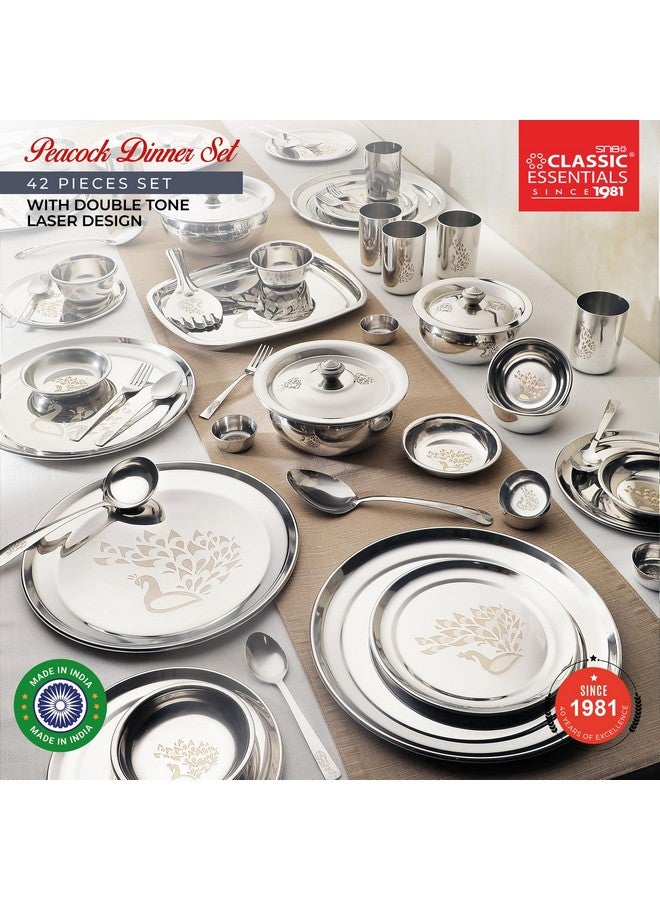 Classic Essentials Stainless Steel Dinner Set|Serves 4 People|Heavy Gauge|Kitchen Set|Permanent Laser-Peacock, Set of 42 - Image 2