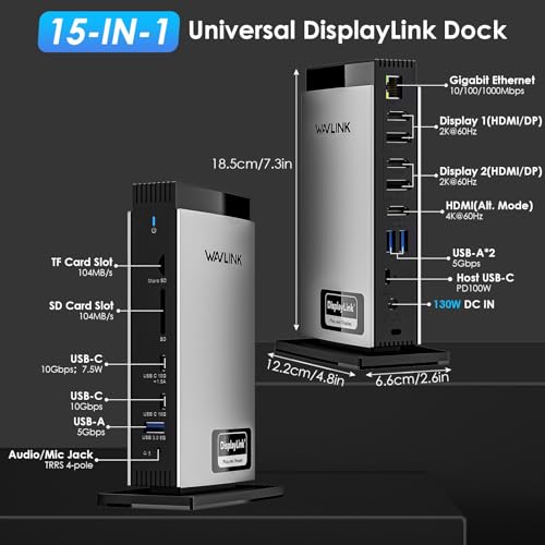 WAVLINK USB C Docking Station with 3 HDMI 15 in 1 Laptop Dock Triple Monitor 4KDual 2K 100W Charging for M1 M2 M3 Mac and Windows 5 USB Ports 2DP 1Gbps Ethernet Port AudioMic SDTF - Image 3