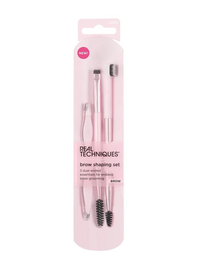 REAL TECHNIQUES Brow Shaping Set Spoolie, Brow Brushes, Tweezers, Dual-Ended Eyebrow Tools For Styling & Shaping Eyebrows, Get Full Fluffy Brows 3 Piece Set Pink - Image 1