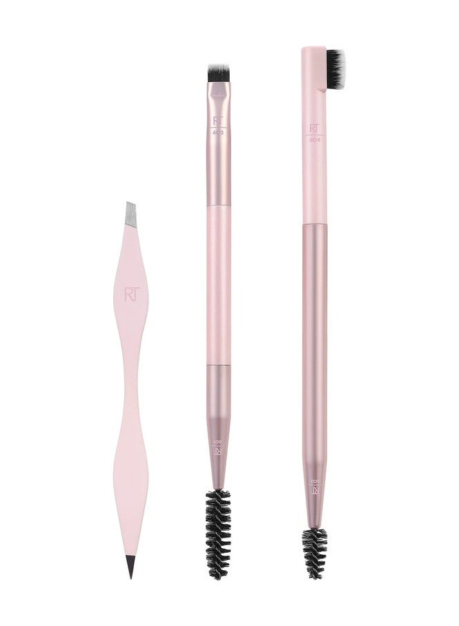 REAL TECHNIQUES Brow Shaping Set Spoolie, Brow Brushes, Tweezers, Dual-Ended Eyebrow Tools For Styling & Shaping Eyebrows, Get Full Fluffy Brows 3 Piece Set Pink - Image 2
