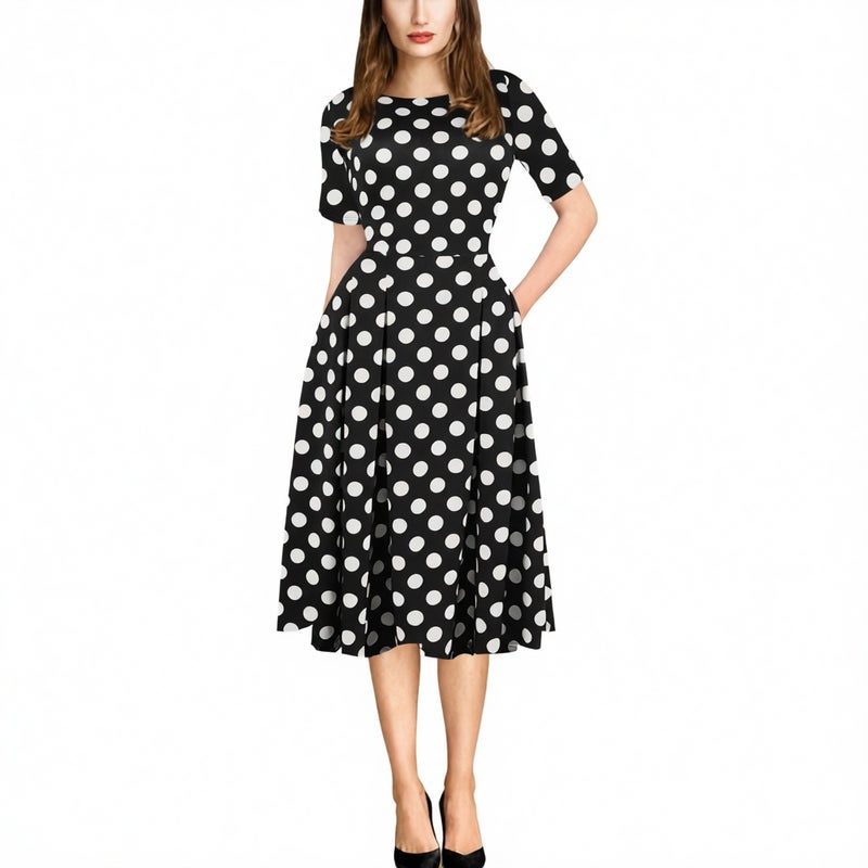 Printed Round Neck Short Sleeve Pocket Flared Dress - Image 3