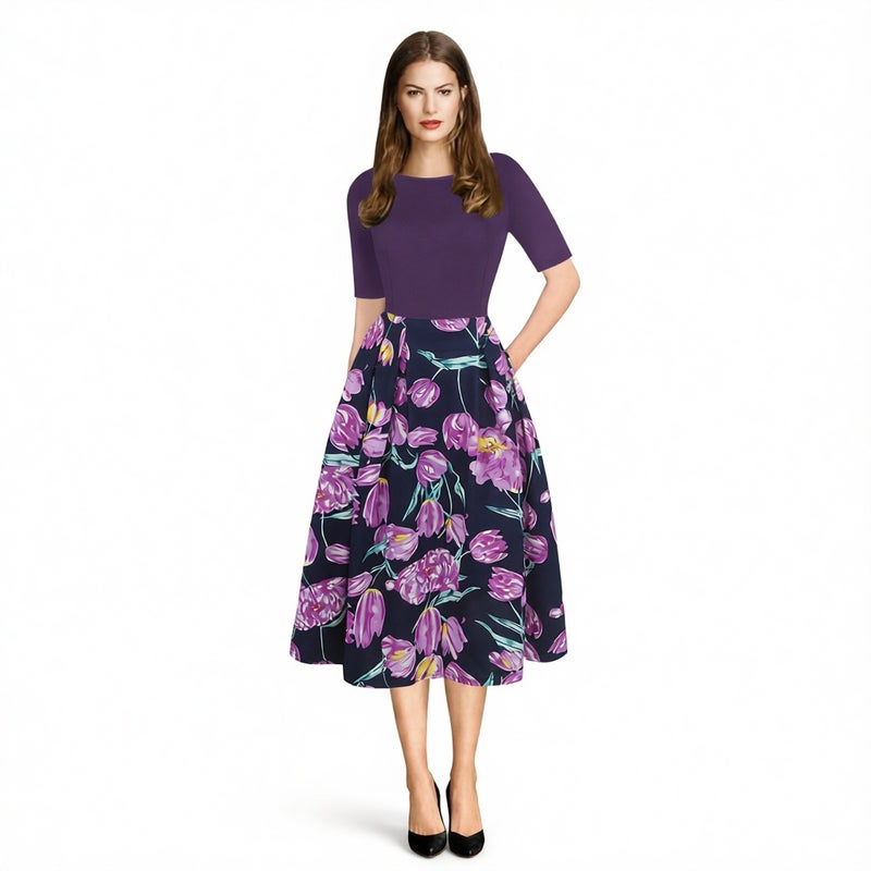 Printed Round Neck Short Sleeve Pocket Flared Dress - Image 1