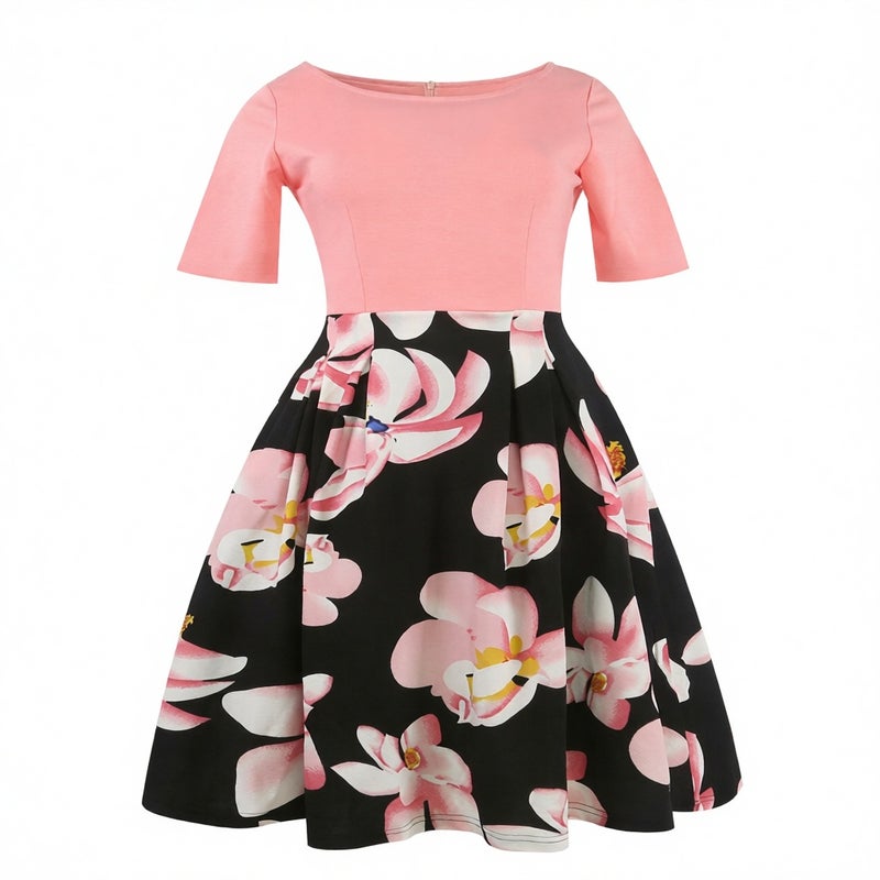 Printed Round Neck Short Sleeve Pocket Flared Dress - Image 5