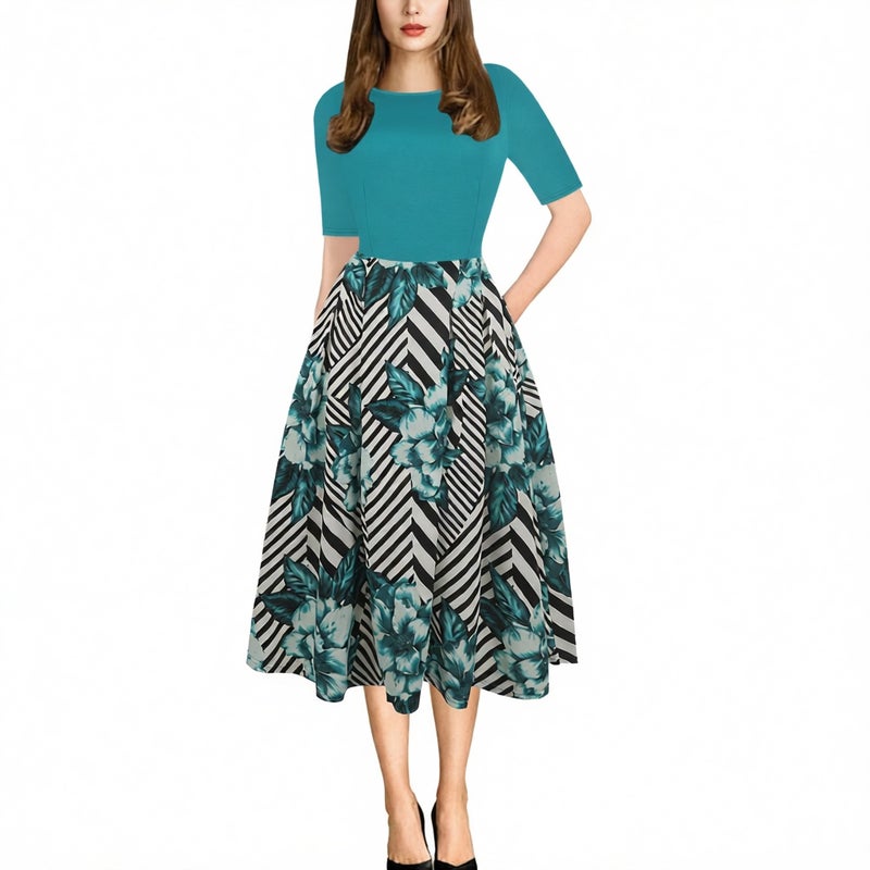 Printed Round Neck Short Sleeve Pocket Flared Dress - Image 2