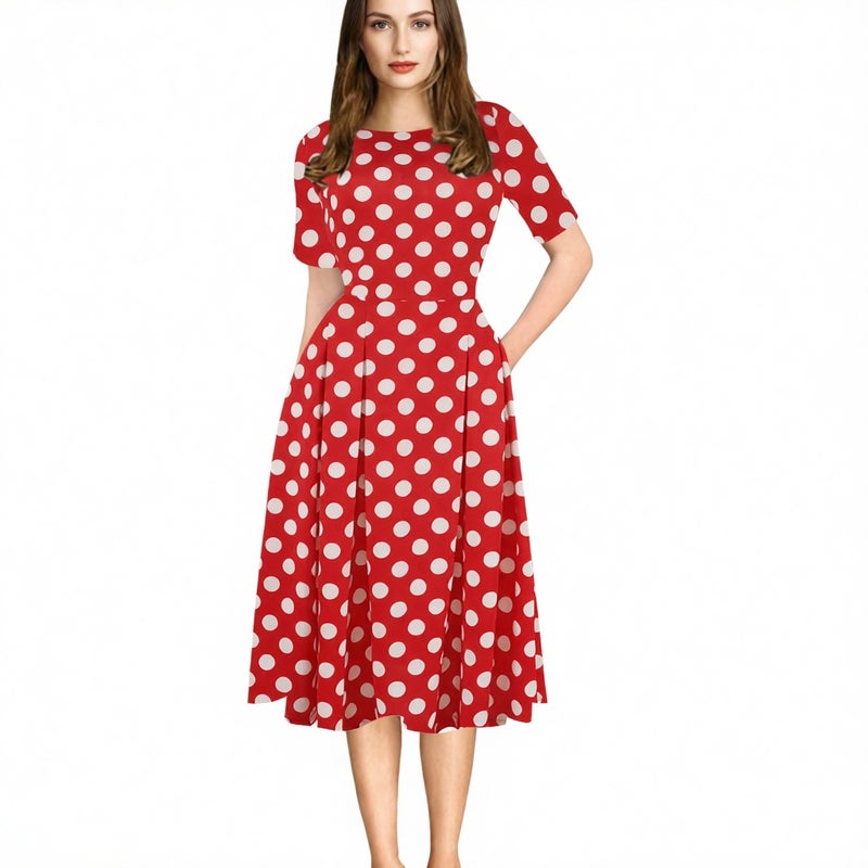 Printed Round Neck Short Sleeve Pocket Flared Dress - Image 4