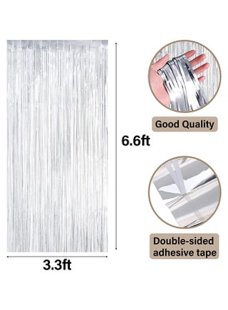 Goldedge Metallic Tinsel Foil Fringes Curtains Party Photo Backdrop for Birthday Decorations 2-Piece Set, 100 x 200 cm Size, Silver - view 2