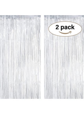 Goldedge Metallic Tinsel Foil Fringes Curtains Party Photo Backdrop for Birthday Decorations 2-Piece Set, 100 x 200 cm Size, Silver - view 3