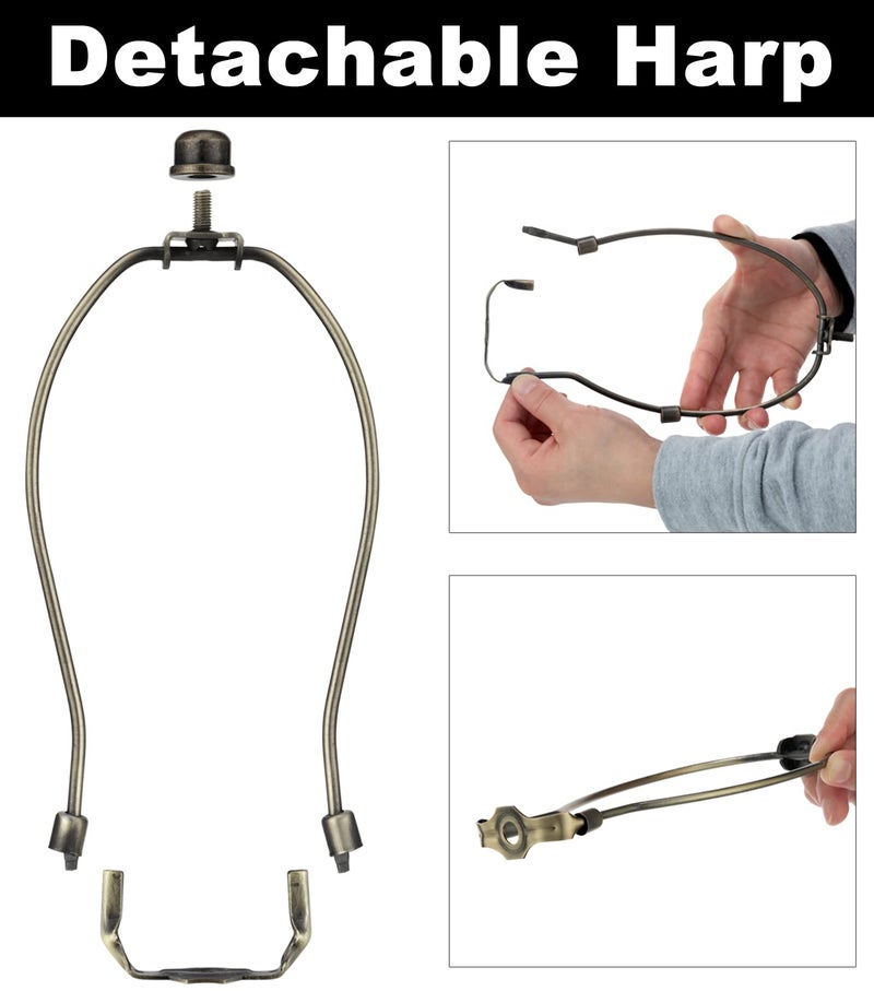 Qc 8 Inch Lamp Harp Holder Kit with Finial and Detachable Light Duty Saddle Base, Set of 2 DIY Lighting Accessories Horn Frame Lampshade Bracket for Table and Floor Lamp (Antique Brass) - Image 4