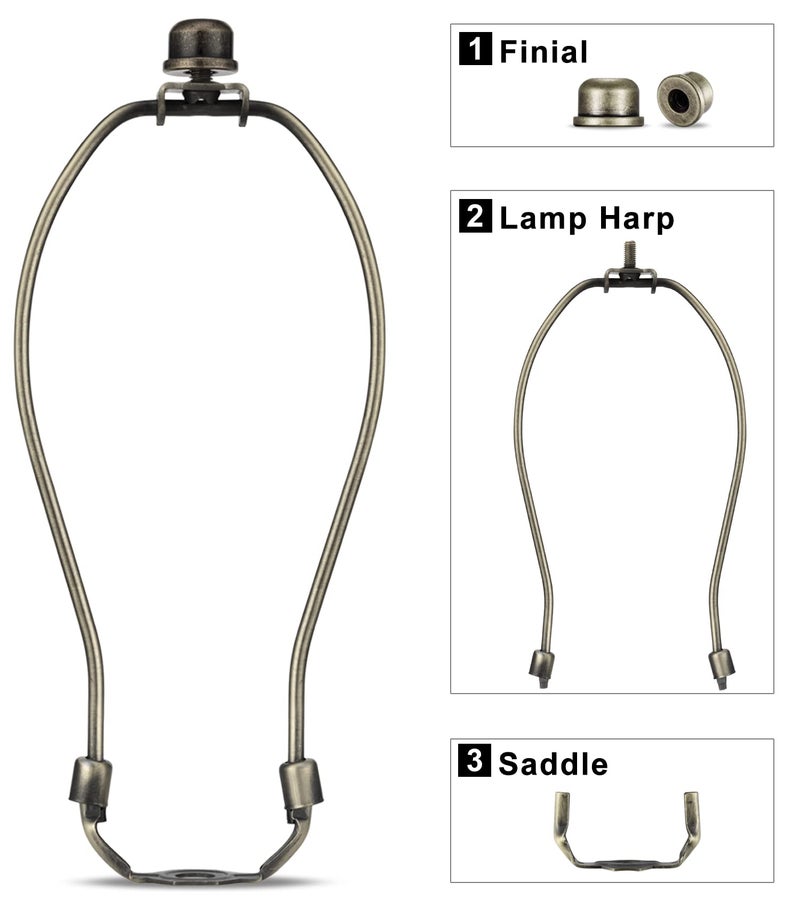 Qc 8 Inch Lamp Harp Holder Kit with Finial and Detachable Light Duty Saddle Base, Set of 2 DIY Lighting Accessories Horn Frame Lampshade Bracket for Table and Floor Lamp (Antique Brass) - Image 2