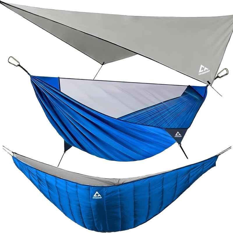 CROSSHIP Camping Hammock with Mosquito Net & Hammock Underquilt and Rain Fly Tarp - Portable for Indoor, Outdoor, Hiking, Backpacking, Backyard, Beach & Travel (Hold Up to 500lbs) - Blue - Image 1