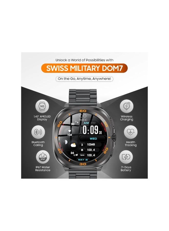SWISS MILITARY - Swiss Military DOM7 Smartwatch 1.43" AMOLED, Bluetooth Calling, Multi Language, Health & Sports Tracking, Wireless Charging, 7 Days Battery, IP67, iOS/Android Compatible, Gun Metal Frame & Strap - Image 1