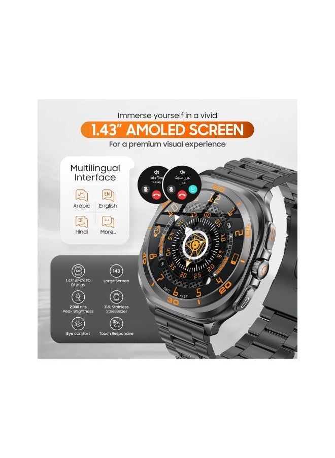 SWISS MILITARY - Swiss Military DOM7 Smartwatch 1.43" AMOLED, Bluetooth Calling, Multi Language, Health & Sports Tracking, Wireless Charging, 7 Days Battery, IP67, iOS/Android Compatible, Gun Metal Frame & Strap - Image 1