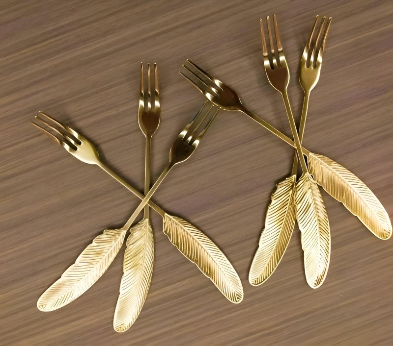 Pastry Forks - Modern 6-Piece Gold Finished Stainless Steel Set with Feather Inspired Design, Ideal for Serving Sweet Delicacies, Cakes, and Tarts, Combining Functionality with High-End Aesthetic Appe - Image 2