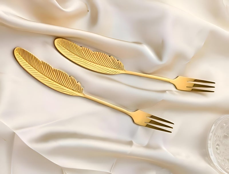 Pastry Forks - Modern 6-Piece Gold Finished Stainless Steel Set with Feather Inspired Design, Ideal for Serving Sweet Delicacies, Cakes, and Tarts, Combining Functionality with High-End Aesthetic Appe - Image 1