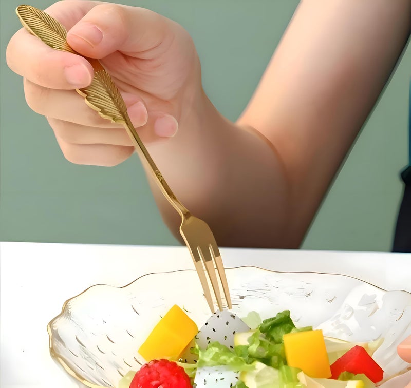 Pastry Forks - Modern 6-Piece Gold Finished Stainless Steel Set with Feather Inspired Design, Ideal for Serving Sweet Delicacies, Cakes, and Tarts, Combining Functionality with High-End Aesthetic Appe - Image 4