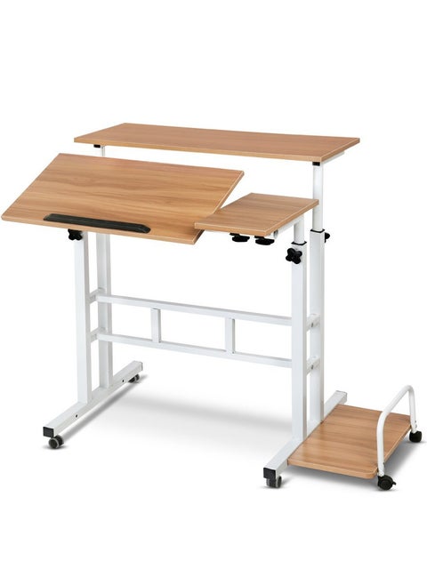 Computer Table, Portable Computer Desk, Mobile Standing Laptop Desk Workstation with Wheels, Height Adjustable Study Table, for Bedroom Sofa Living Room Study Wood Color