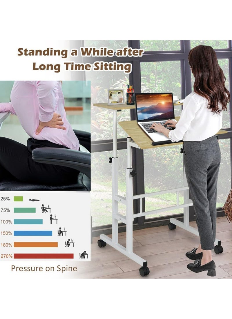 Computer Table, Portable Computer Desk, Mobile Standing Laptop Desk Workstation with Wheels, Height Adjustable Study Table, for Bedroom Sofa Living Room Study Wood Color