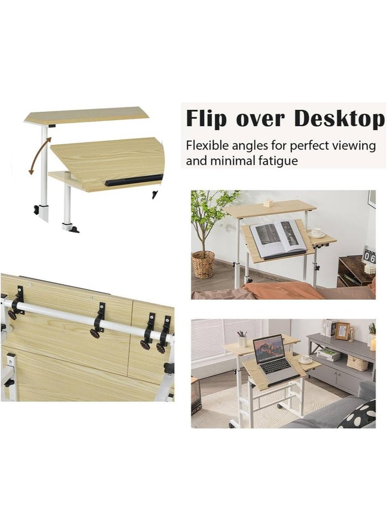 Computer Table, Portable Computer Desk, Mobile Standing Laptop Desk Workstation with Wheels, Height Adjustable Study Table, for Bedroom Sofa Living Room Study Wood Color