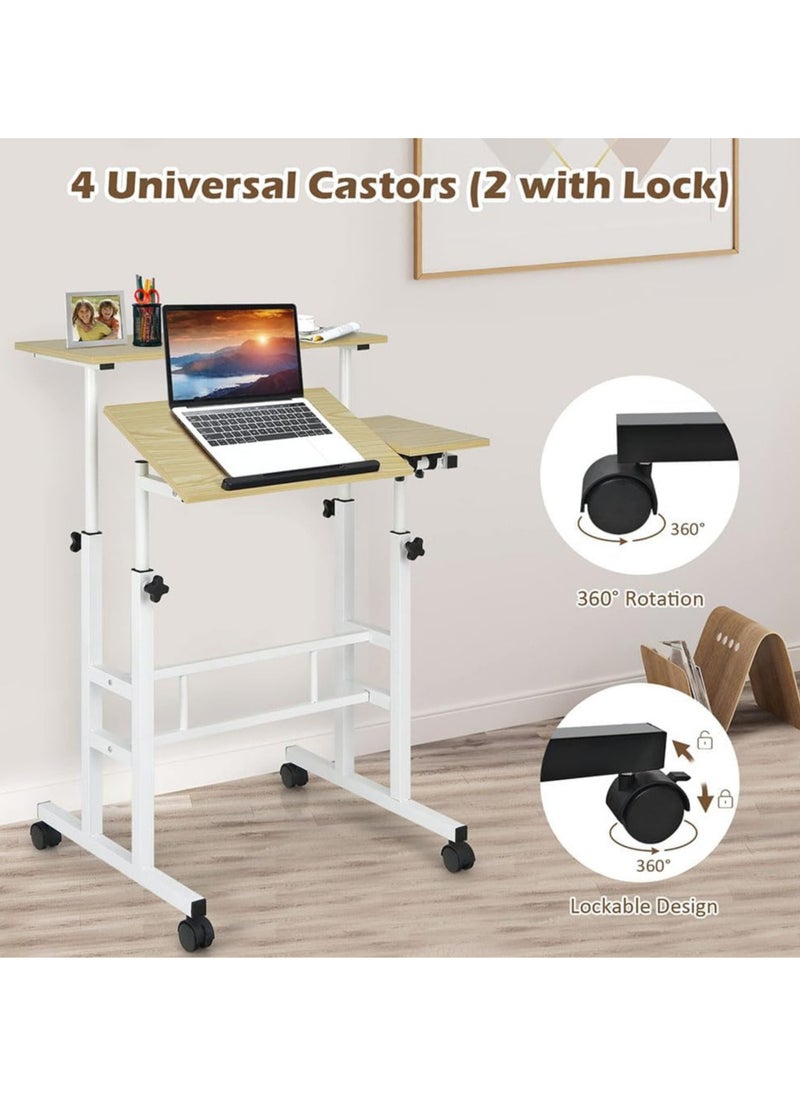 Computer Table, Portable Computer Desk, Mobile Standing Laptop Desk Workstation with Wheels, Height Adjustable Study Table, for Bedroom Sofa Living Room Study Wood Color