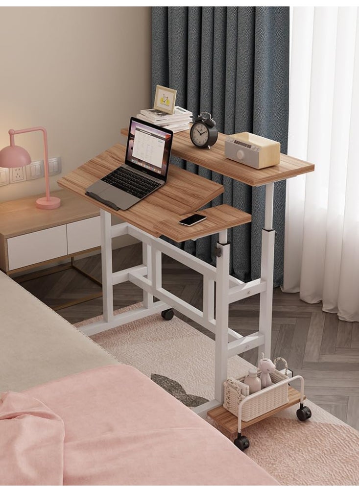 Computer Table, Portable Computer Desk, Mobile Standing Laptop Desk Workstation with Wheels, Height Adjustable Study Table, for Bedroom Sofa Living Room Study Wood Color