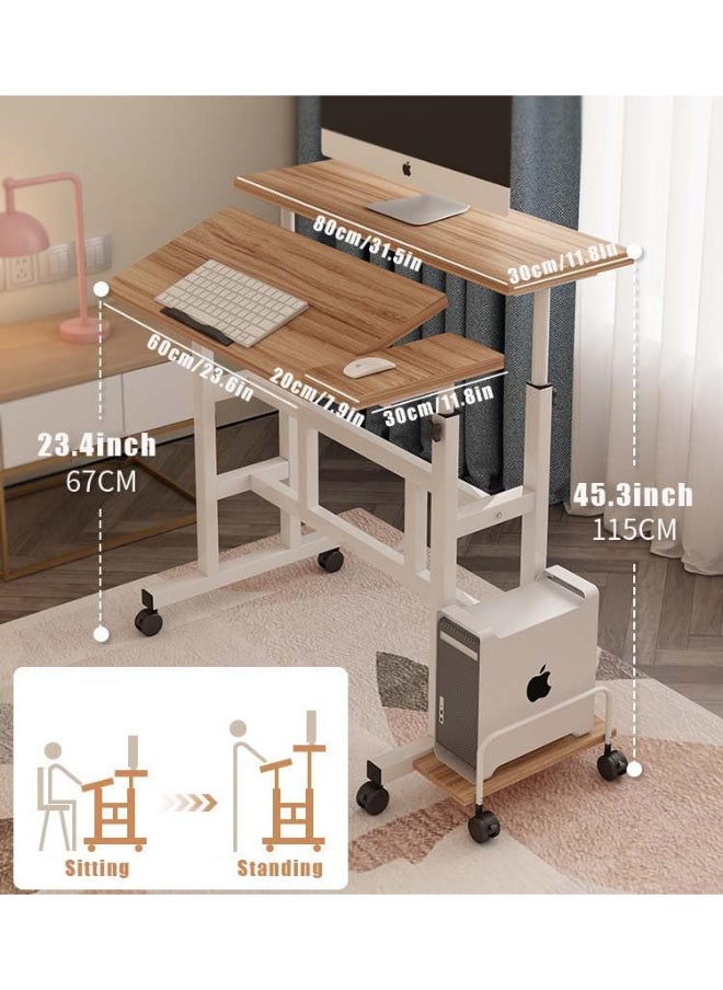 Computer Table, Portable Computer Desk, Mobile Standing Laptop Desk Workstation with Wheels, Height Adjustable Study Table, for Bedroom Sofa Living Room Study Wood Color