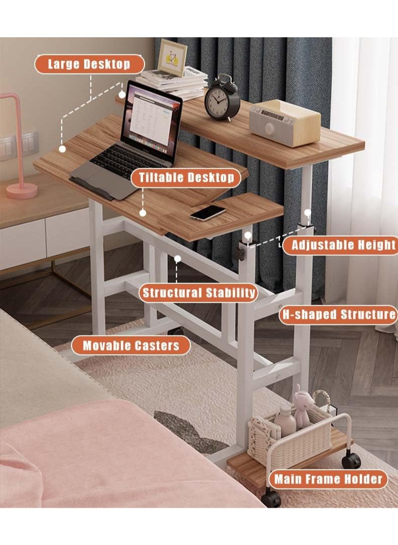 Computer Table, Portable Computer Desk, Mobile Standing Laptop Desk Workstation with Wheels, Height Adjustable Study Table, for Bedroom Sofa Living Room Study Wood Color