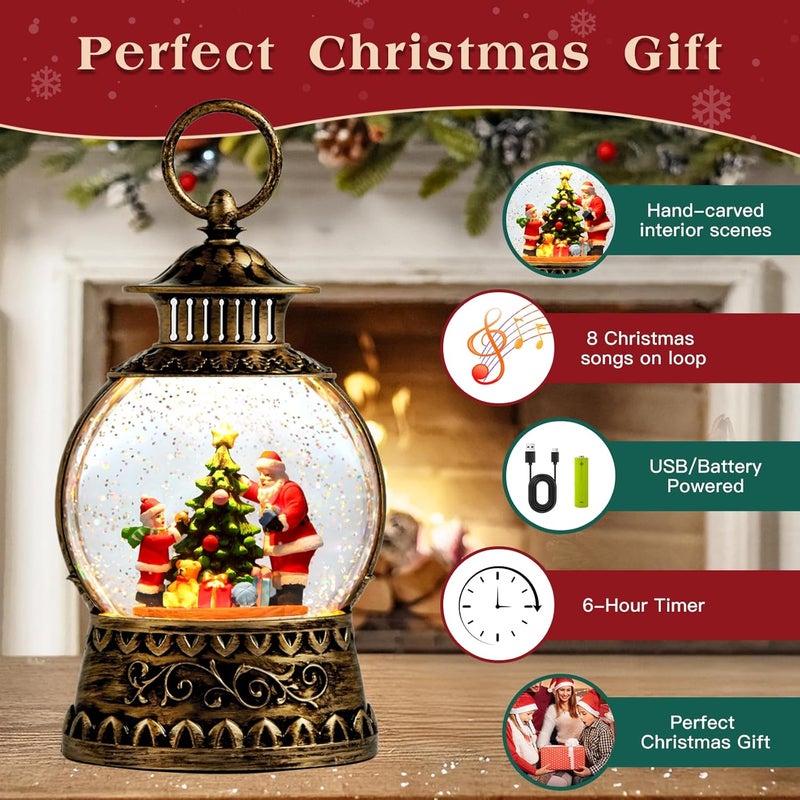 Aixuler Christmas Santa Snow Globe, Christmas Musical Snow Globe Lantern Lights with 6H Timer Battery & USB Powered, Retro Style Holiday Glitter Globe for Xmas Home Decoration Holiday Party Gifts - Image 2