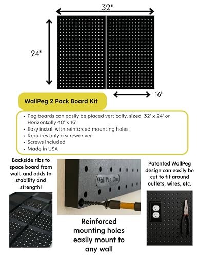 WallPeg لوحات بيغ بورد سوداء 2 (24"x16" لكل منها) مع 36 خطاف بيغ متنوع – مجموعة منظم جراج قوية – خطافات فليكس لوك محمية ببراءة اختراع – نظام تخزين حائطي مصنوع في الولايات المتحدة الأمريكية - Image 3