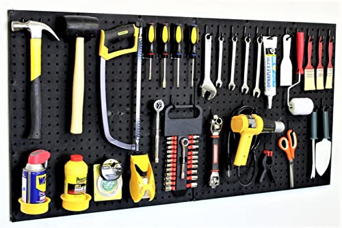 WallPeg لوحات بيغ بورد سوداء 2 (24"x16" لكل منها) مع 36 خطاف بيغ متنوع – مجموعة منظم جراج قوية – خطافات فليكس لوك محمية ببراءة اختراع – نظام تخزين حائطي مصنوع في الولايات المتحدة الأمريكية - Image 1