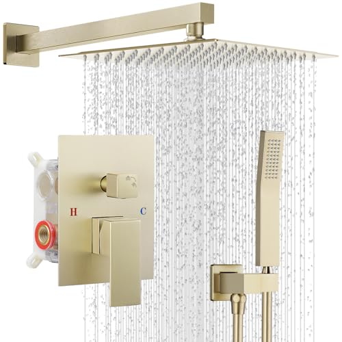 IUERASD Shower Faucet set with Shower head, Wall Mount 10 Inch Square Rainfall Shower Head and Handle Set Single Handle Shower System Set with Female Threads Valve Body and Trim Included (Brush Gold) - Image 1