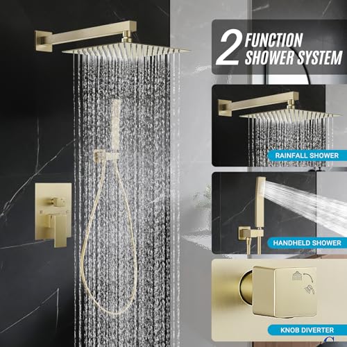 IUERASD Shower Faucet set with Shower head, Wall Mount 10 Inch Square Rainfall Shower Head and Handle Set Single Handle Shower System Set with Female Threads Valve Body and Trim Included (Brush Gold) - Image 2