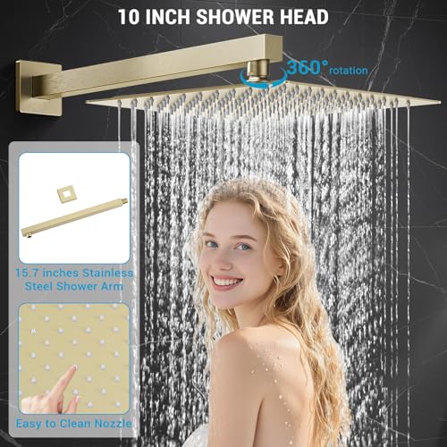 IUERASD Shower Faucet set with Shower head, Wall Mount 10 Inch Square Rainfall Shower Head and Handle Set Single Handle Shower System Set with Female Threads Valve Body and Trim Included (Brush Gold) - Image 4