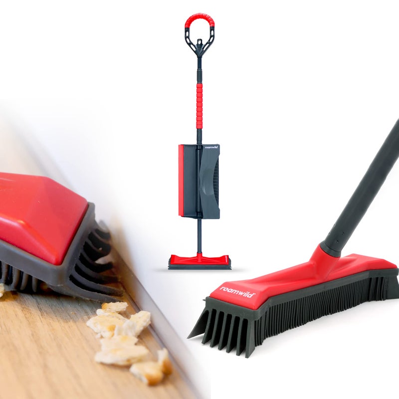 Roamwild MultiCleaner Rubber Pull Broom Dustpan Combo Set with Unique Corner Cleaning Blades for Wet Dry Mess Pet Hair Fur Removal for Hard Floors and Carpets