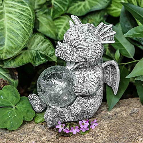 Jy.Cozy Garden Dragon Statue Solar Powered Outdoor Figurine Light Decor Cute and Hold Glowing Glass Ball Resin Sculpture Home Decoration for Porch Patio Lawn Farm Yard Housewarming Ornament Gift - Image 4