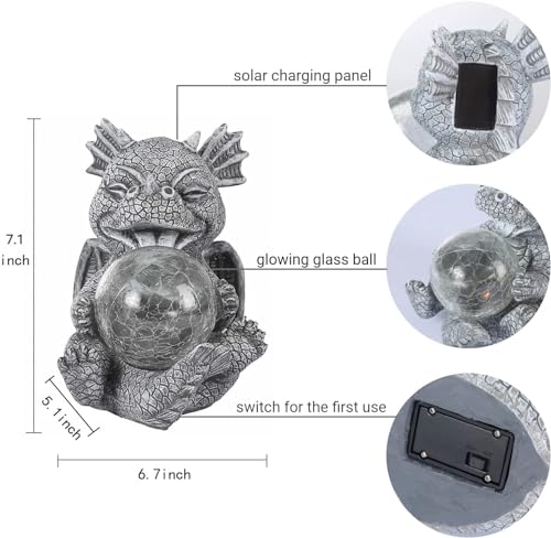 Jy.Cozy Garden Dragon Statue Solar Powered Outdoor Figurine Light Decor Cute and Hold Glowing Glass Ball Resin Sculpture Home Decoration for Porch Patio Lawn Farm Yard Housewarming Ornament Gift - Image 2
