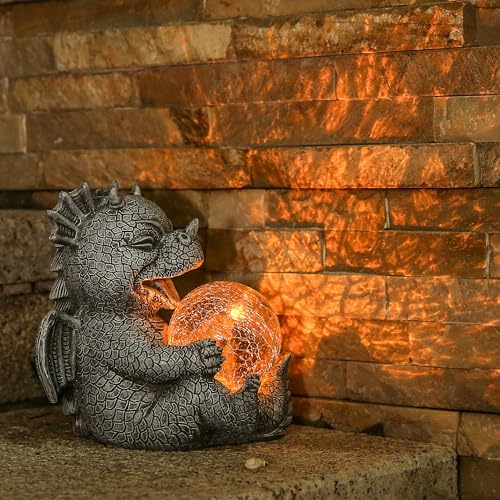 Jy.Cozy Garden Dragon Statue Solar Powered Outdoor Figurine Light Decor Cute and Hold Glowing Glass Ball Resin Sculpture Home Decoration for Porch Patio Lawn Farm Yard Housewarming Ornament Gift - Image 3