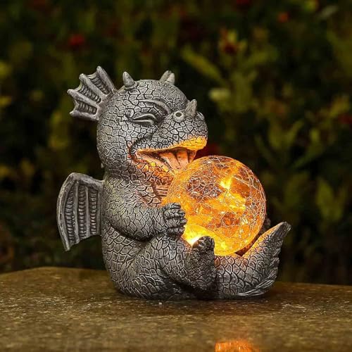 Jy.Cozy Garden Dragon Statue Solar Powered Outdoor Figurine Light Decor Cute and Hold Glowing Glass Ball Resin Sculpture Home Decoration for Porch Patio Lawn Farm Yard Housewarming Ornament Gift - Image 1