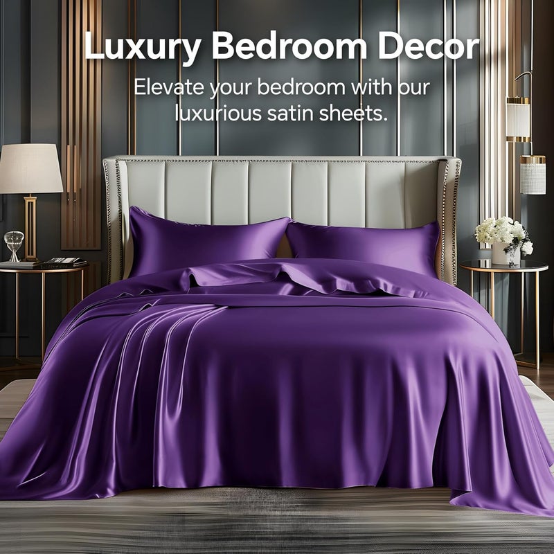 BEDELITE Satin Sheets Queen Size Bed Set, Luxury Soft Plum Purple Sheets for Hair and Skin, Similar to Silk Bed Sheets Set 4 Pieces with 1 Deep Pocket Fitted Sheet, 1 Flat Sheet, and 2 Pillowcases - Image 2