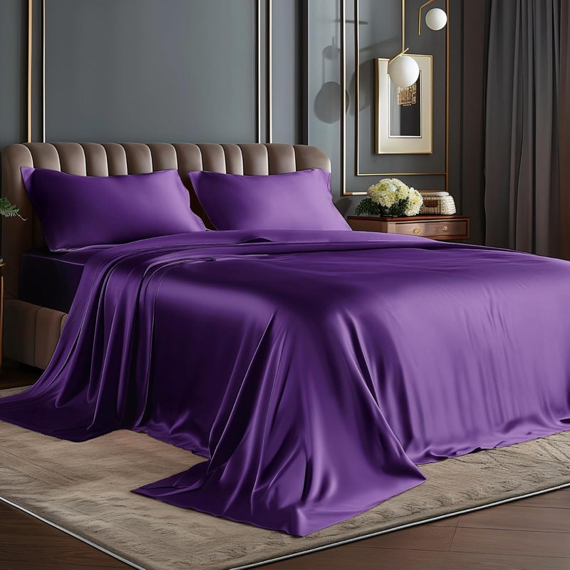 BEDELITE Satin Sheets Queen Size Bed Set, Luxury Soft Plum Purple Sheets for Hair and Skin, Similar to Silk Bed Sheets Set 4 Pieces with 1 Deep Pocket Fitted Sheet, 1 Flat Sheet, and 2 Pillowcases - Image 1
