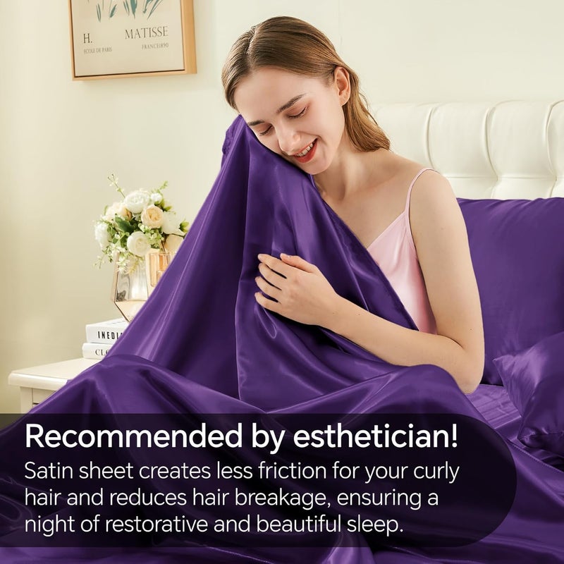 BEDELITE Satin Sheets Queen Size Bed Set, Luxury Soft Plum Purple Sheets for Hair and Skin, Similar to Silk Bed Sheets Set 4 Pieces with 1 Deep Pocket Fitted Sheet, 1 Flat Sheet, and 2 Pillowcases - Image 4