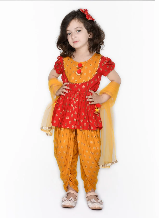 Saka Designs Girls Red Ethnic Motifs Kurti with Dhoti Pants and Dupatta