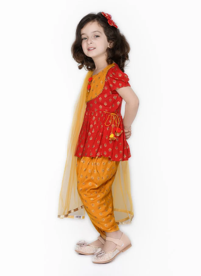 Saka Designs Girls Red Ethnic Motifs Kurti with Dhoti Pants and Dupatta