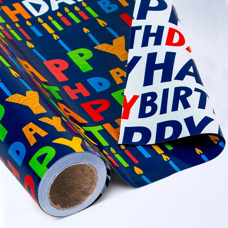 Yarcony Reversible Birthday Wrapping Paper Roll - 17 Inch X 33 Ft(46.8 Sq.Ft.Ttl) - Creative Colorful Happy Birthday Lettering & Candle Navy Blue Gift Wrap for Party, Baby Shower & Holiday - Image 1
