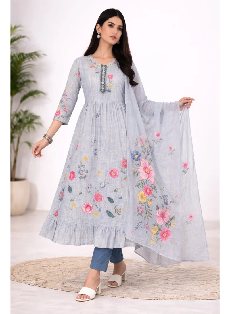 PRIYA’S PANACHE Grey PRIYA'S PANACHE Premium Silk Grey Nyra Cut Kurta Pant Dupatta Set – Ethnic Wear | Indian Partywear | Festive & Wedding Outfit for Women for Women | Best Price UAE