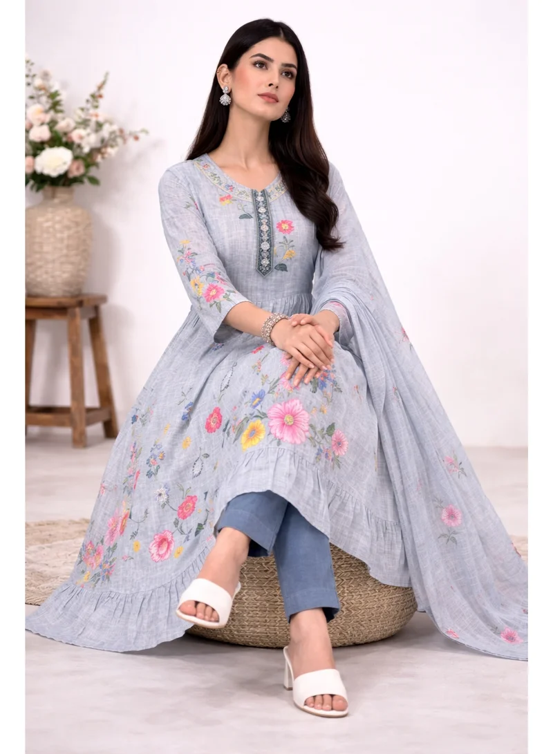 PRIYA’S PANACHE Grey PRIYA'S PANACHE Premium Silk Grey Nyra Cut Kurta Pant Dupatta Set – Ethnic Wear | Indian Partywear | Festive & Wedding Outfit for Women for Women | Best Price UAE