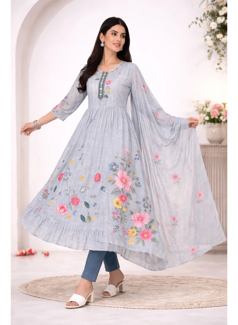 PRIYA’S PANACHE Grey PRIYA'S PANACHE Premium Silk Grey Nyra Cut Kurta Pant Dupatta Set – Ethnic Wear | Indian Partywear | Festive & Wedding Outfit for Women for Women | Best Price UAE