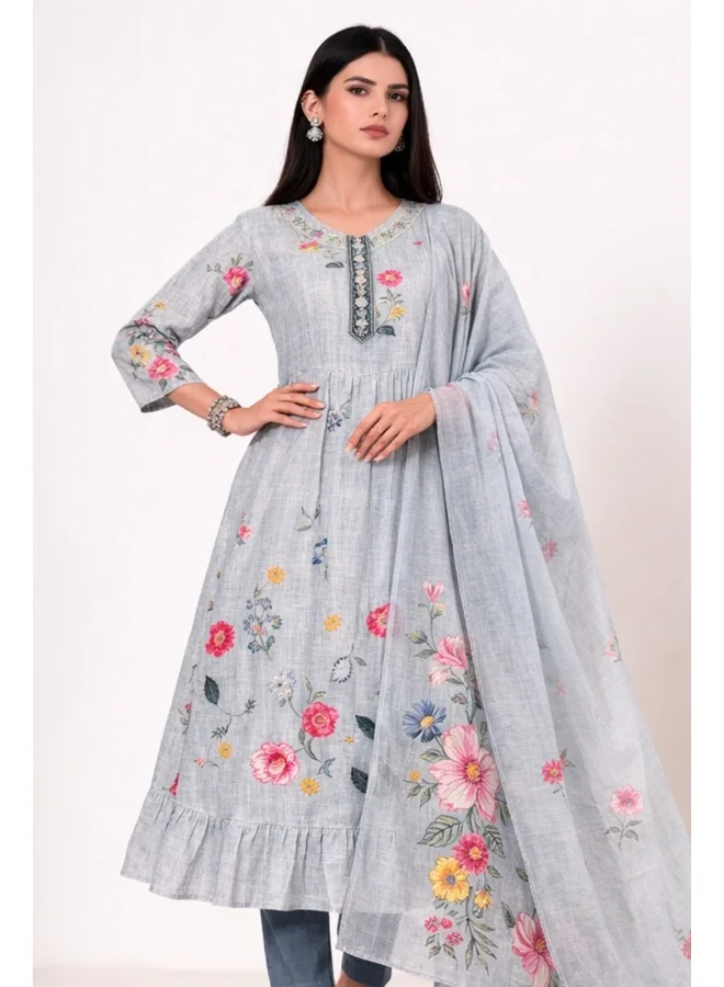 PRIYA’S PANACHE Grey PRIYA'S PANACHE Premium Silk Grey Nyra Cut Kurta Pant Dupatta Set – Ethnic Wear | Indian Partywear | Festive & Wedding Outfit for Women for Women | Best Price UAE