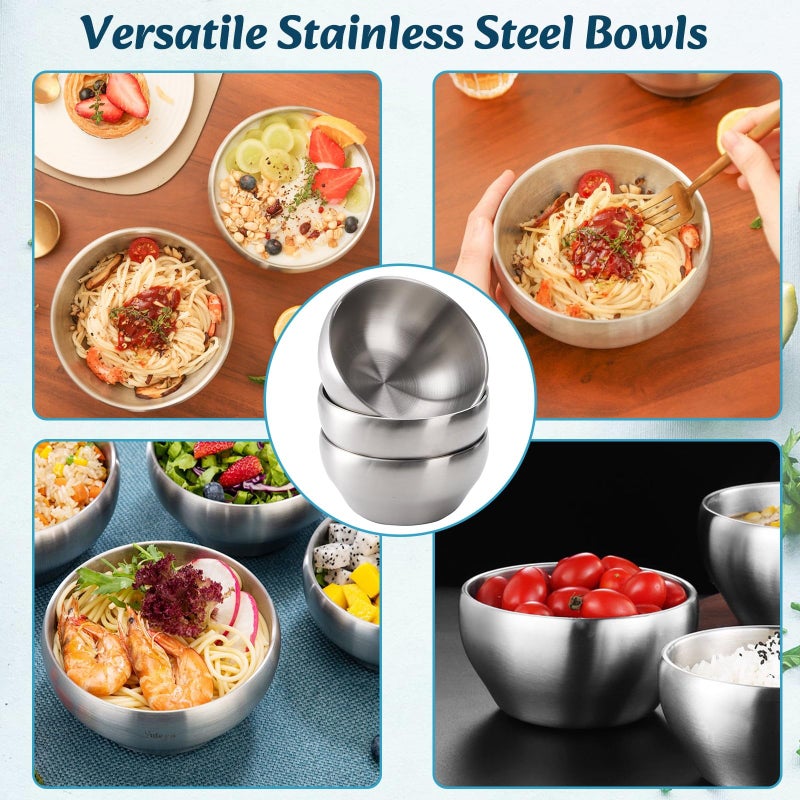 Youeon 3 Pack 28 Oz SUS304 Brushed Stainless Steel Bowls, Double Wall Insulated Bowls, Stainless Steel Soup Bowl for Cereal, Ice Cream, Noodle, 6 Inch Bowl Set for Serving, Dishwasher Safe - Image 5